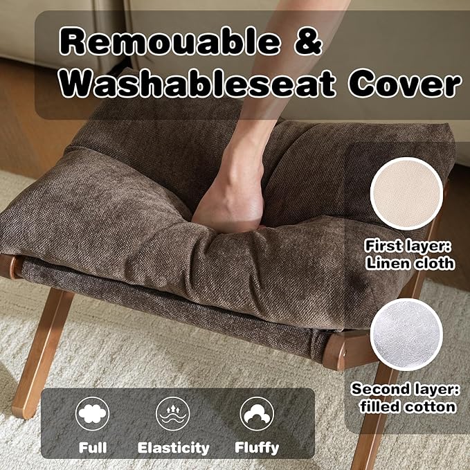 Baveke Ottoman Foot Rest- Bamboo Foldable Stool, Foot Stools Small Ottman with Upholstered & X Legs, Folding Stool for Makeup, Bedroom and Living Room (Small Brown)