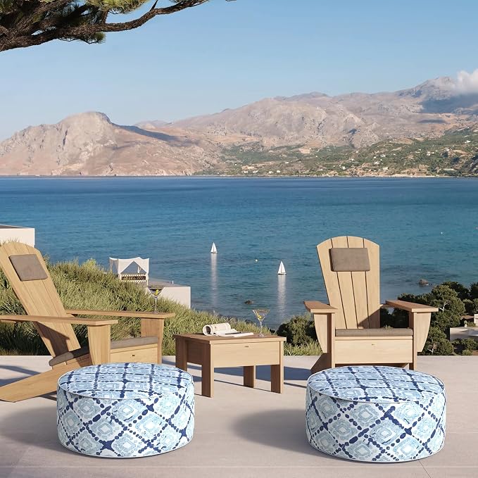DYTXIII Inflatable Ottoman Stool D21 xH9 for Outdoor/Indoor Use, Water Repellent Patio Foot Rest with Portable Handle,Round Pouf Ottoman Suitable for Garden,Deck and Camping - Geometry Blue