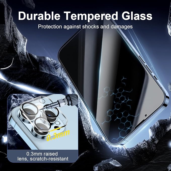 NEW'C 3x Privacy for iPhone 13 Pro Screen Protector (6.1 inches)+ 3x Camera Lens Protector, Sensor Protection,Case Friendly Tempered Glass Film + Dust Plug- Enhanced Privacy Angle of 28 Degrees