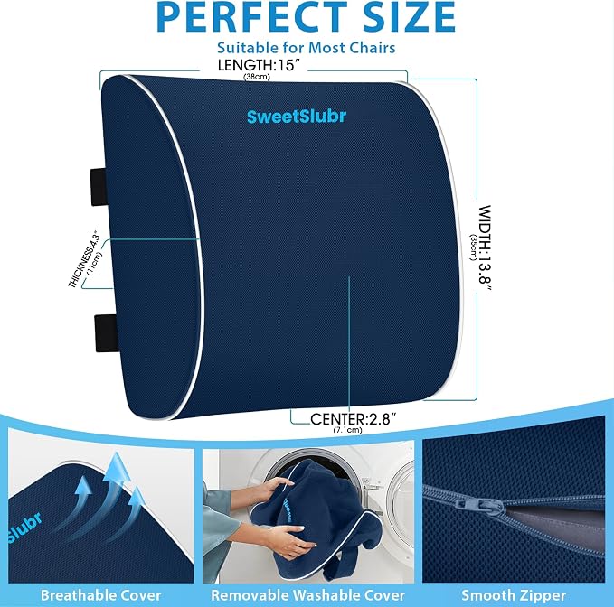 SweetSlubr Large Lumbar Support Pillow for Office Chair, Car Seats and Home Desks, Ergonomic Back Support with Double Adjustable Straps, Machine Washable Cover, Gray