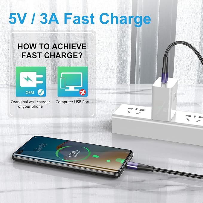 USB Type C Cable Fast Charging,3pack 10ft Premium Nylon Braided 3A Rapid Charger Quick Cord,Type C to A Cable Compatible for Samsung Galaxy S21 S20 S10 S9 S8 Plus,Note 20 10 9 8, LG V50 V40 G8（Purple）