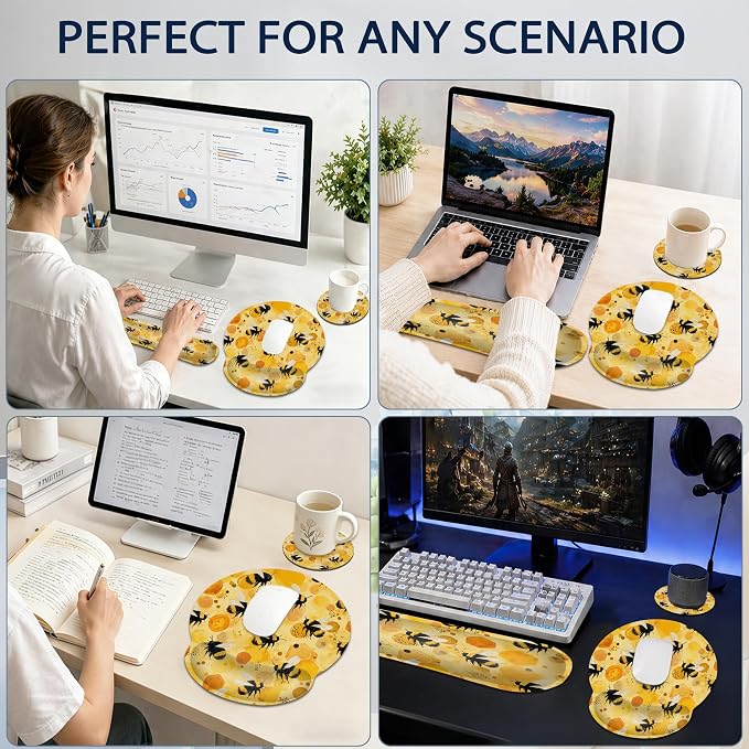 Ergonomic Keyboard and Mouse Wrist Rest Set, Cute Bee Mouse Pad with Non Slip Base, Soft Cloth Surface for Office and Home Typing Support