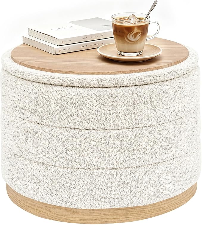 B FSOBEIIALEO Round Storage Ottoman with Tray, Folding Ottoman with Storage Coffee Table Foot Rest for Dorm Room Living Room Chenille Fabric,White,22.83"x22.83"x17.32"