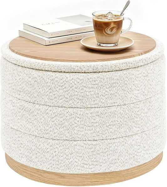 B FSOBEIIALEO Round Storage Ottoman with Tray, Folding Ottoman with Storage Coffee Table Foot Rest for Dorm Room Living Room Chenille Fabric,White,22.83"x22.83"x17.32"