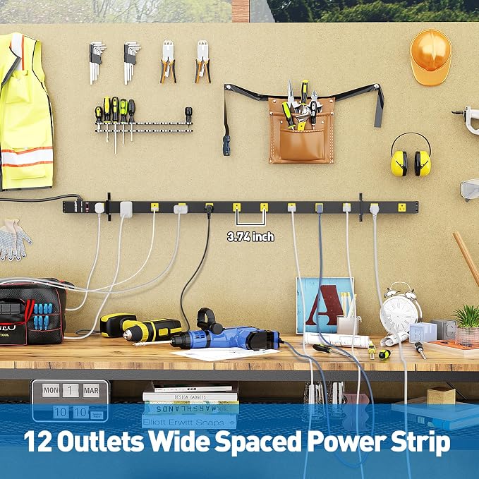 12 Outlet Long Power Strips Heavy Duty Wide-Spaced Outlets Industrial Power Strip Surge Protector with 4ft Cord for Garage Workshop Office Home, ETL Certified, 1875W, Black