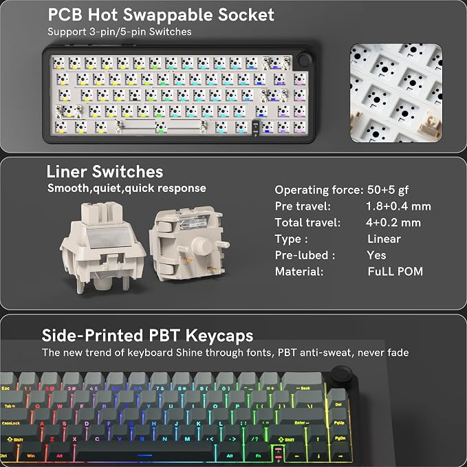 womier L65 60% Mechanical Keyboard Wireless with Knob, Black Gaming Keyboard 4000mAh Battery, Tri Mode USB-C/BT5.0/2.4G Gasket Mounted Key Board RGB Hot Swappable with Gradient keycaps-Linear Switch