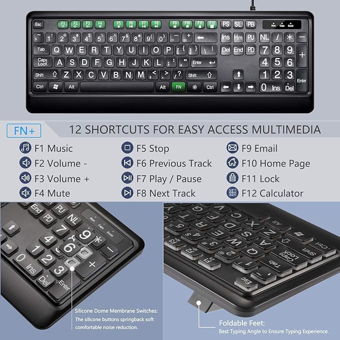 KOPJIPPOM Large Print Backlit Keyboard, USB Wired Computer Keyboard, Full Size Keyboard with White Illuminated LED Compatible for Windows Desktop, Laptop, PC, Gaming, Black