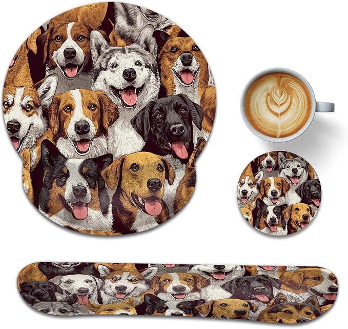 Wrist Rest Mouse Pad and Keyboard Support Set,Cute Dog 3 in 1 Ergonomic Memory Foam Mousepad with Non Slip Base, Gaming Mouse Pad for Office and Home