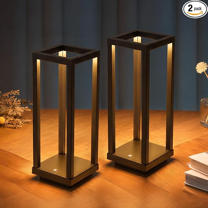 PUSU Cordless Waterproof Table Lamps Set of 2, Black Outdoor Rechargeable 4000mAh Battery Operated Desk Lamp 2700K 3-Level Dimmable, Portable LED Lighting for Patio, Camping, Bedroom, Night Light