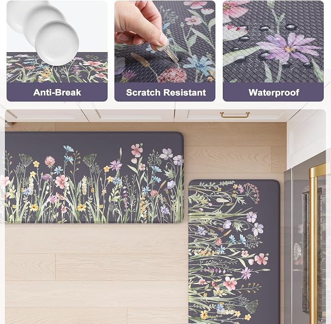 KIMODE Anti Fatigue Kitchen Mat, Farmhouse Floral Kitchen Rugs, Kitchen Floor Mats Non-Slip,Comfort Kitchen Mats for Floor Sink, Laundry, Office, Desk Dark Grey/Purple 17"x47"+17"x29"