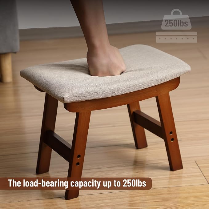 BAMBOO LAND- Bamboo Foot Stools Ottoman, Beige Cushion & Brown Wood Legs, Small Ottoman Foot Rest for Couch