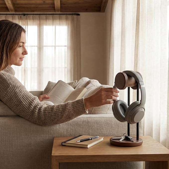 Fenge 11.3" Tall Headphone Stand for Desk, Nature Wood & Metal Headphone Holder with Storage Base, Desktop Headset Stand for Gaming Universal Headphones, Brown