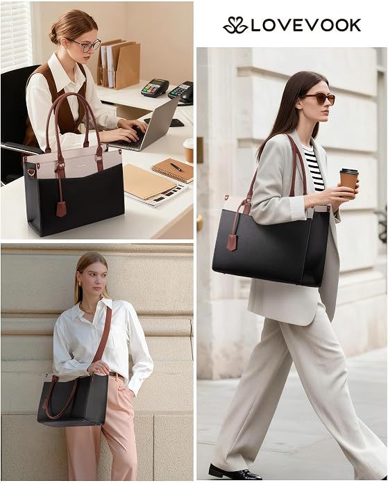 LOVEVOOK Laptop Bag for Women, 2-in-1 Tote Purse with Clutch & Cup Holder, Waterproof Briefcase for Work Travel