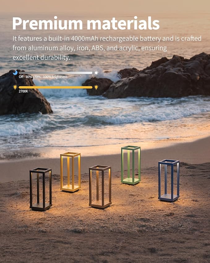 PUSU Cordless Waterproof Table Lamps, Black Outdoor Rechargeable 4000mAh Battery Operated Desk Lamp 2700K 3-Level Dimmable, Portable LED Lighting for Patio, Camping, Bedroom, Night Light