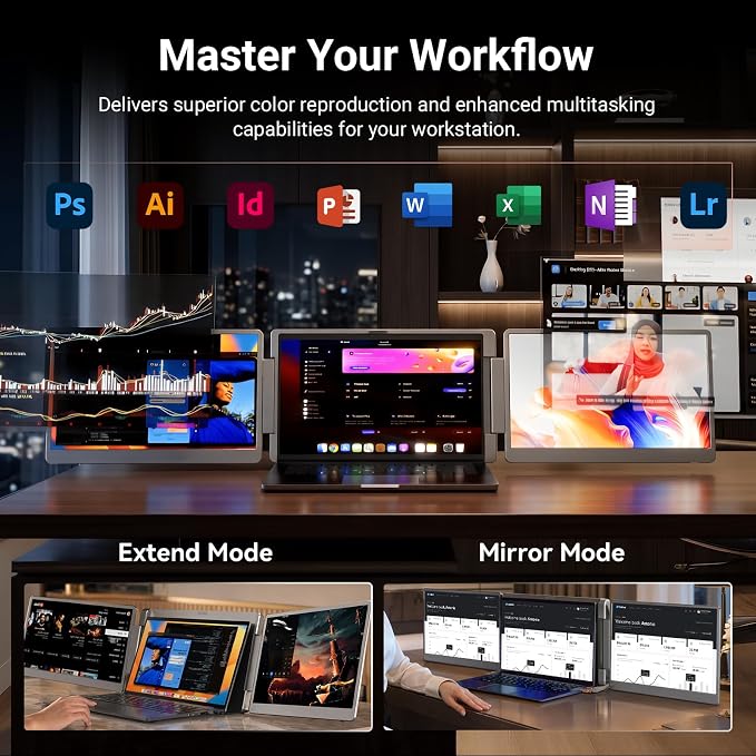 LXU Laptop Screen Extender, 15.6" FHD 1080P IPS Laptop Monitor Extender Triple Screens, Portable Monitor for Laptops 12~17.3 inch, Plug n Play Extended Monitor for MacBooks(NOT M1 M2 M3)/Windows