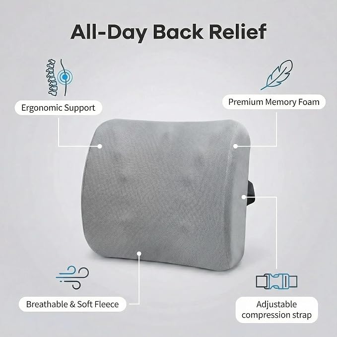 Poshetion Lumbar Support Pillow for Office Chair & Car – Memory Foam Back Cushion with Adjustable Straps & Breathable Mesh Cover（Light Grey）