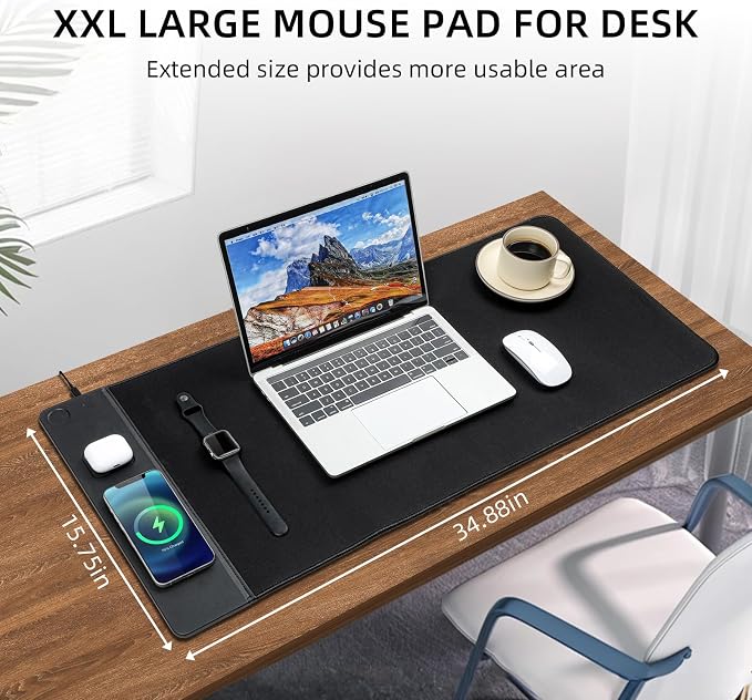 VOVIPO 3 in 1 Wireless Charging Mouse Pad, Gaming Mousepad with Wireless Charger Multiple Devices Compitable with Watch/iPhone/Airpods, Large Desk Mat 90 x 40cm,Desk Pad for MacBook, PC, Laptop-Black