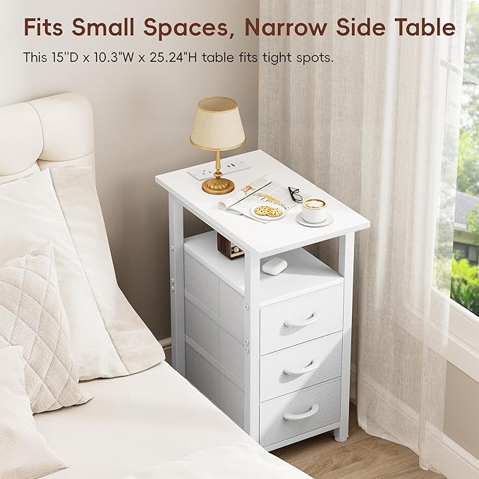 Vagusicc White Nightstand with Charging Station and LED Lights, Narrow End Table, LED Nightstand with 3 Fabric Drawers for Bedroom, Small Bedside Table, Narrow Side Table for Small Spaces, White