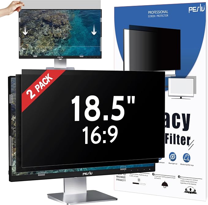 Peslv [2 Pack] 18.5 Inch Privacy Screen for Computer Monitor 16:9 Aspect Ratio, Eye Protection Anti Blue Light Glare Shield, 18.5inch Removable Black Blackout Anti Spy Desktop Security Private Filter