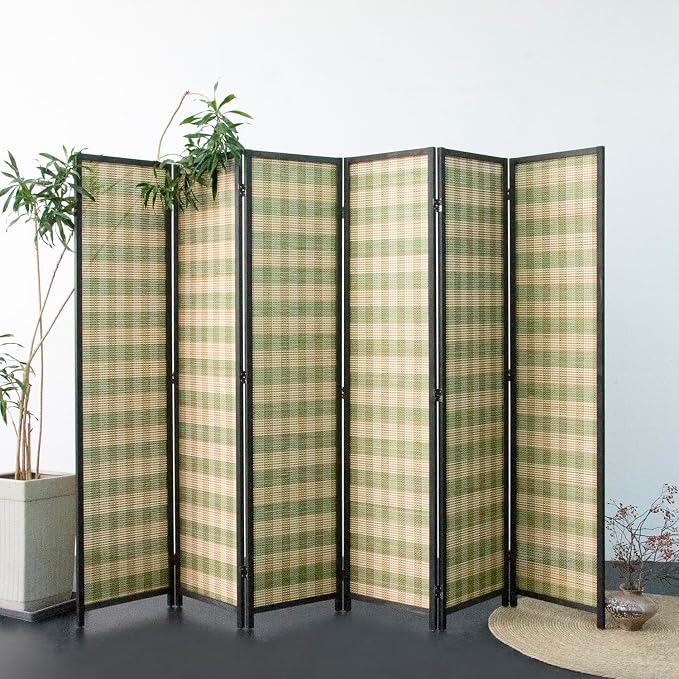 Furnnylane 6 Panel Bamboo Room Divider - 5.6 ft Tall (67" H x 94.5" W), Double-Sided Folding Privacy Screen in Green Woven Stripe, No-Drill Freestanding Partition for Home Office & Bedroom