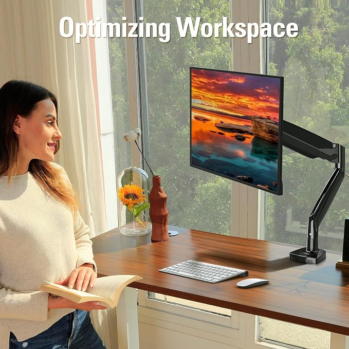 Single Monitor Mount Stand for 22-40" Computer Screens, Heavy Duty Gas Spring Monitor Arm Holds Up to 30.9 lbs, Adjustable Vesa Mount with C-Clamp & Grommet Base, Black