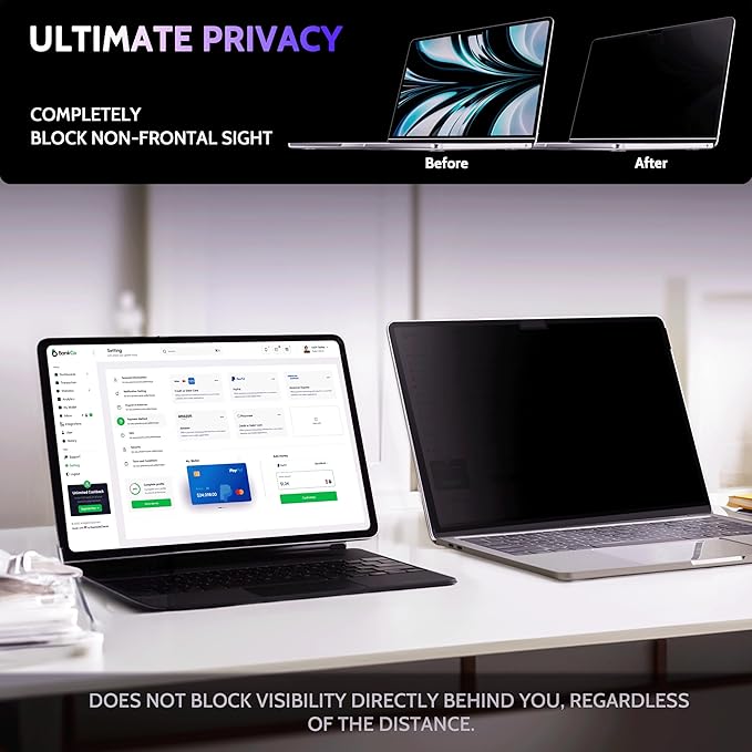 Peslv Privacy Screen for MacBook Air 15 Inch (2023-2026, M2, M3, M4, M5)- A3448 A3241 A3114 A2941, MagicSuction™ Removable Anti Spy Black Protector, Glare Blue Light Filter for Mac Laptop Computer
