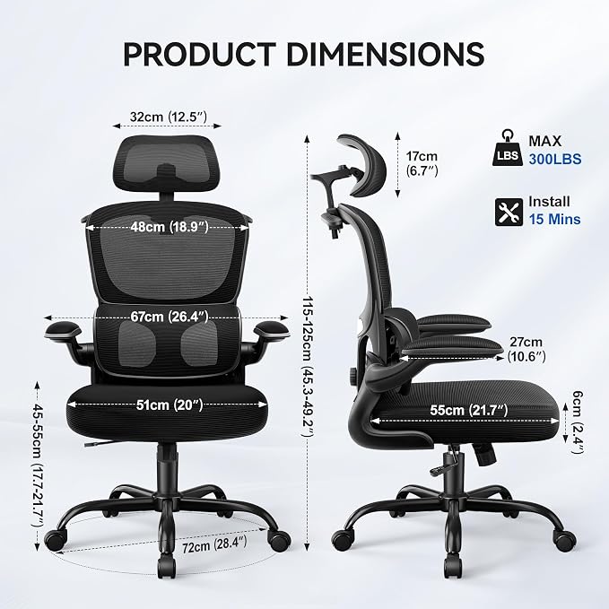ALLGOD Ergonomic Office Chair, Mesh Desk Chair with Lumbar Support, High Back Home Office Chair with Adjustable Headrest and Flip-Up Arms, Comfortable Computer Chair, Thick Cushion, Black-6 Pack