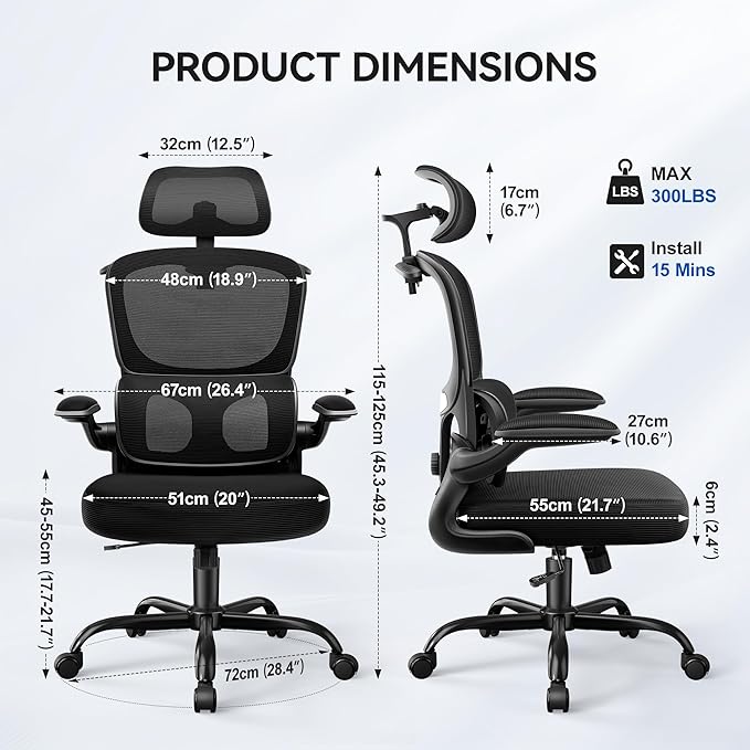 ALLGOD Ergonomic Office Chair, Mesh Desk Chair with Lumbar Support, High Back Home Office Chair with Adjustable Headrest and Flip-Up Arms, Comfortable Computer Chair, Thick Cushion, 300 LBS, Black