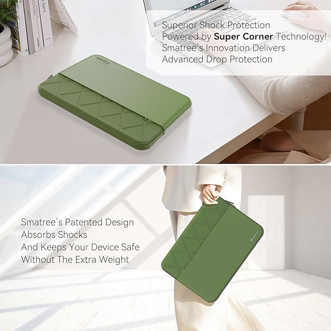 Smatree Laptop Sleeve for 13.5 inch Microsoft Surface Laptop 6/5/4, Case with Accessory Pocket, YKK Zipper, Patented Shockproof Design, Green (E457G)