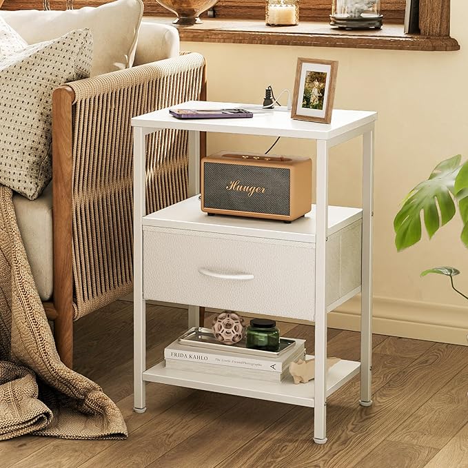 SUPERJARE Nightstand with Charging Station, Bed Side Table with Adjustable Fabric Drawer, Night Stand for Bedroom, 3-Tier Storage End Table, for Living Room, White