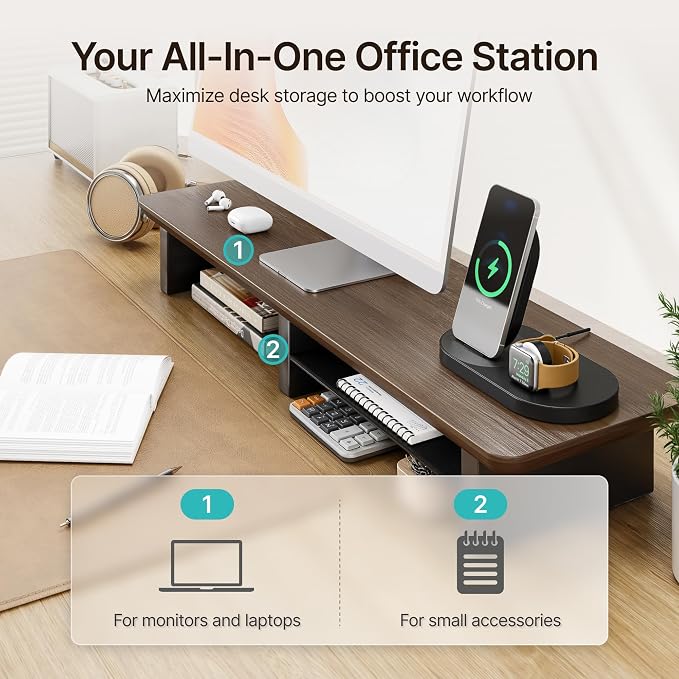 PEGZONE Dual Monitor Riser with Integrated Metal Shelf, Large Walnut Wooden Desk Shelf for 2 Monitors/TV, Wide 31.5" Long Monitor Stand Riser for Desk, Wood Monitor Stand Organizer for Home Office
