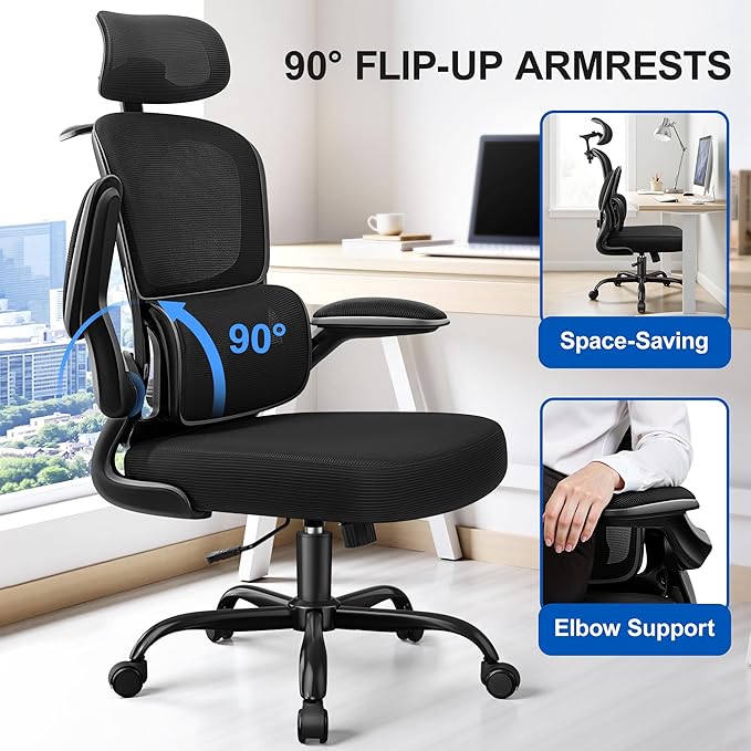 ALLGOD Ergonomic Office Chair, Mesh Desk Chair with Lumbar Support, High Back Home Office Chair with Adjustable Headrest and Flip-Up Arms, Comfortable Computer Chair, Thick Cushion,Black-8 Pack