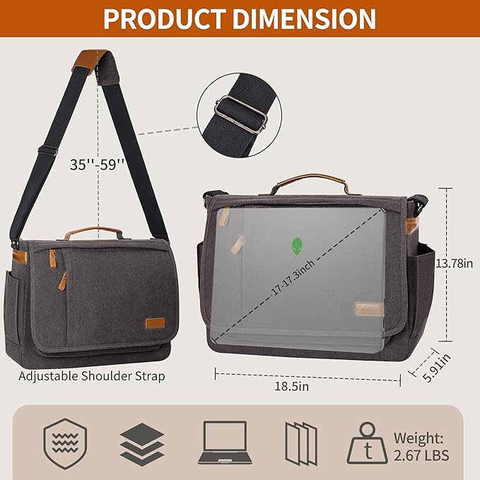 ESTARER Laptop Messenger Bag 17-17.3 Inch Water-resistant Canvas Shoulder Bag for Work College, Grey