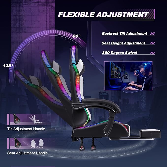 Homall Gaming Chair, Video Game Chair with Footrest and Massage Lumbar Support, Ergonomic Computer Chair Height Adjustable with Swivel Seat and Headrest (RGB Lvory)