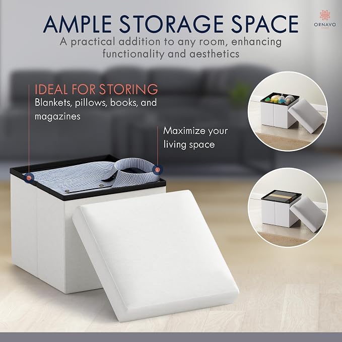 Ornavo Home Small Storage Ottoman Foldable Collapsible Cube Square Linen Ottoman Foot Rest Stool Seat, for Living Room, Bedroom, Home Office, Dorm - 12 x 12 x 12, White