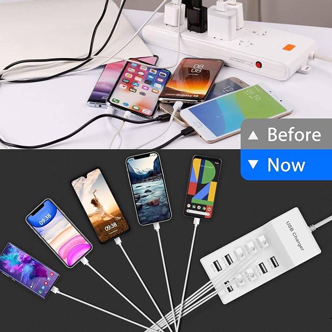 USB Charger USBA Wall Charger with Rapid Charging Auto Detect Technology Safety Guaranteed 10-Port Family-Sized Smart USB-A Ports for Multiple Devices Smart Phone Tablet Laptop Computer