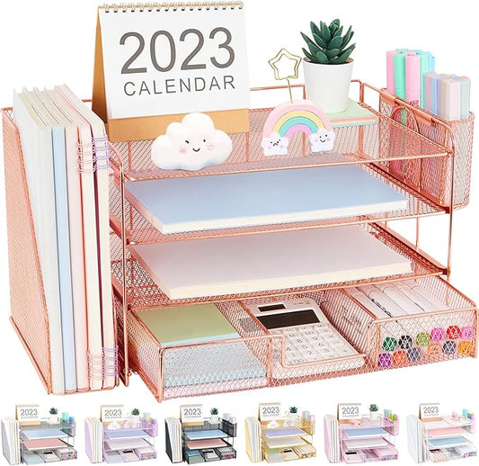 OPNICE Desk Organizers and Accessories, 4-Tier Desktop File Organizer with Drawer and 2 Pen Holders, Office Desk Accessories Workspace Organizers for Office Supplies, Rose Gold