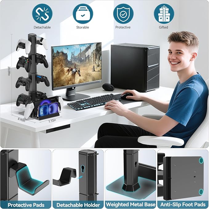 Gaming Headset & Controller Holder Stand for Gamer Gift, Game Headphone Desk Organizer Storage with Cable Hook for Xbox/ PS5/ PS4/ Controller, Nintendo Switch 1/ 2/ PS Portal for Nintendo 64 Consoles