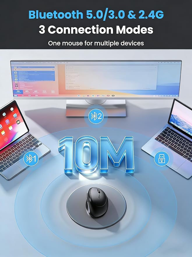 Ergonomic Mouse, Bluetooth Wireless Vertical Mouse, Rechargeable Battery, Quiet Clicks, DPI Adjustable, BT5.0/3.0 & 2.4G Connect, Easy to use, Wide Compatibility (Black)