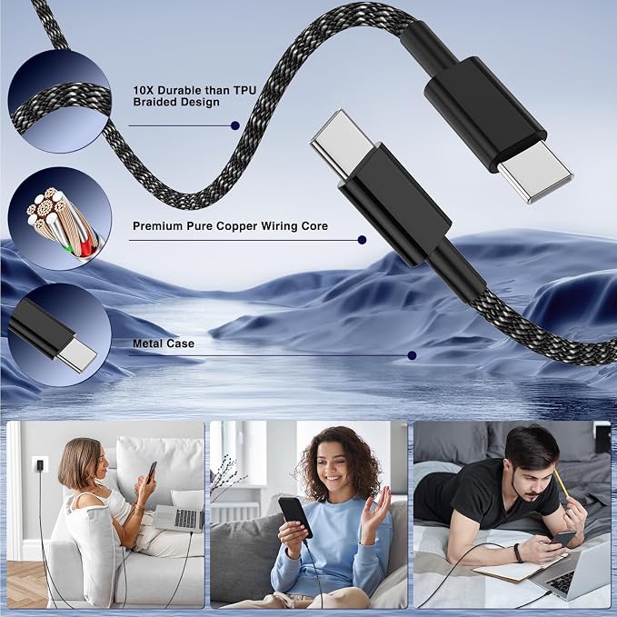 65W Super Fast Charger Type C for Samsung,3 Port 100W Quick Charging 3.0 USB C Block & 3/6/10/10FT Braided Type C Cord for Samsung Galaxy S26 Ultra/S26/S25 Ultra/iPhone 17 Pro/MacBook Pro/Air-Blue