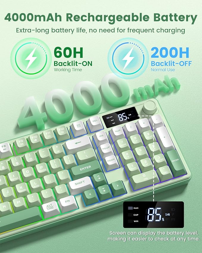 Keymatic Gaming Keyboard Wireless Creamy Keyboard with Media Knob & Screen Cute Keyboard Mechanical Feeling Membrane Keyboard with Number Pad RGB Backlit Tri-Mode BT/2.4GHz/USB-C - Green