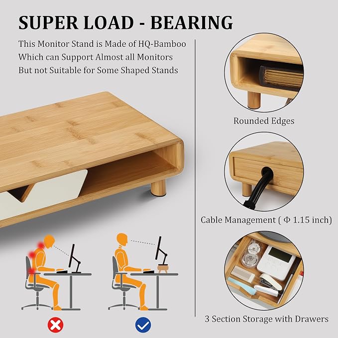 Homerays Monitor Stand with Drawer, Exquisite Computer Monitor Stand for Desk, Ergonomic Wood Monitor Stand Riser for Computer,Laptop,Printer,TV,Bamboo,White