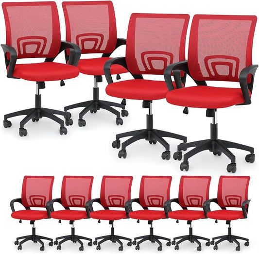Magshion Ergonomic Office Chair 10 Pack, Mid-Back Mesh Desk Chair, Adjustable Swivel Computer Chair with Lumbar Support & Breathable Backrest for Gaming, Work, Study, 300 Lbs Capacity, Red