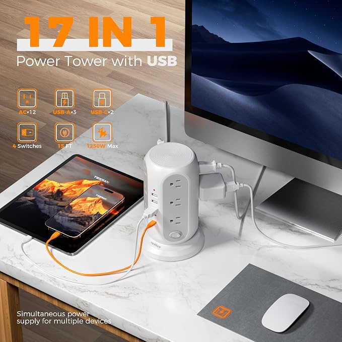 TESSAN Tower Power Strip with Individual Switches, Surge Protector with 12 Outlets, 5 USB Ports(2 USB C), Flat Extension Cord 15 Ft, 1250W, Charging Station for Multiple Devices, Office, Dorm, Grey