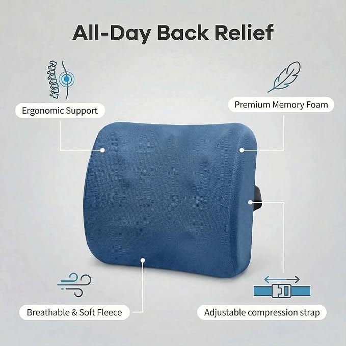 Poshetion Lumbar Support Pillow for Office Chair & Car – Memory Foam Back Cushion with Adjustable Straps & Breathable Mesh Cover（Blue）