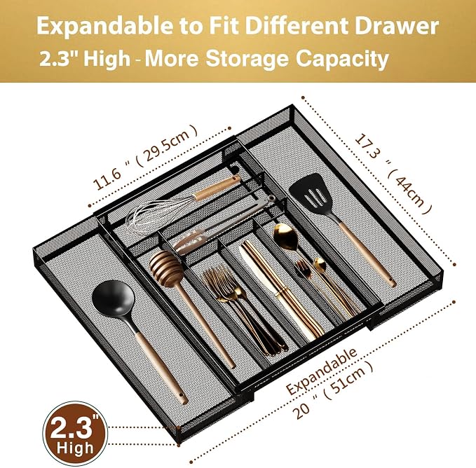 Sedegn Silverware Organizer Metal Mesh, Large Drawer Organizer, Utensil Cutlery Tray for kitchen drawers, Expandable Flatware Organizer with 8 Compartment Black 11.6"~20" x 17.3"