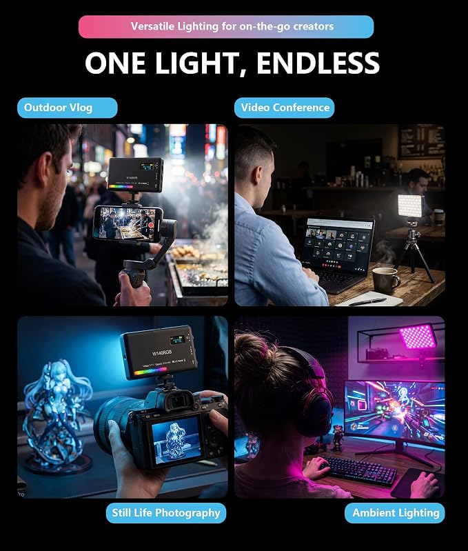 Portable RGB LED Video Light, 140LEDs Camera Light with CRI95+, 2500K-9000K CCT, 0-100% Dimmable Brightness, Adjustable Saturation, 3100mAh Rechargeable for Vlogging, Photography, Video Conference