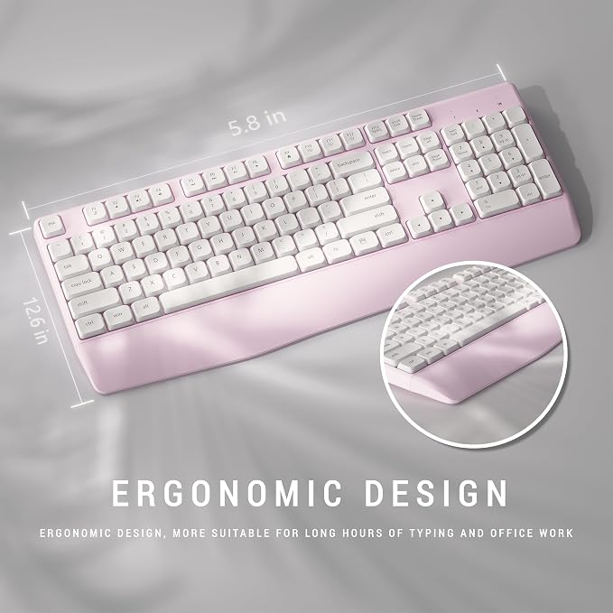 MPTOG Ergonomic Keyboard and Mouse Combo with Wrist Rest, BK Chipset, Full-Size Colorful Office Keyboard and Mouse, Power Button, USB Receiver for PC Laptop(Pink White)