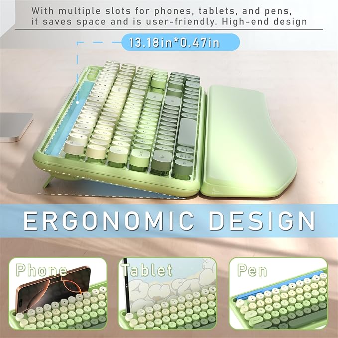 MPTOG Colorful Wireless Computer Keyboard and Mouse Combo with Phone Holder, Wrist Rest, Typewriter Keys, 2.4GHz Wireless, Full-Sized Optical Mouse for PC and Laptop(Green Colorful)