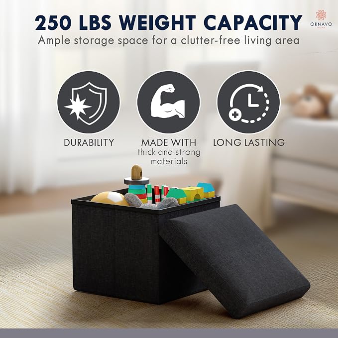 Ornavo Home Small Storage Ottoman, Set of 2 Foldable Collapsible Cube Square Linen Ottoman Foot Rest Stool Seat, for Living Room, Bedroom, Home Office, Dorm - 12 x 12 x 12, Black